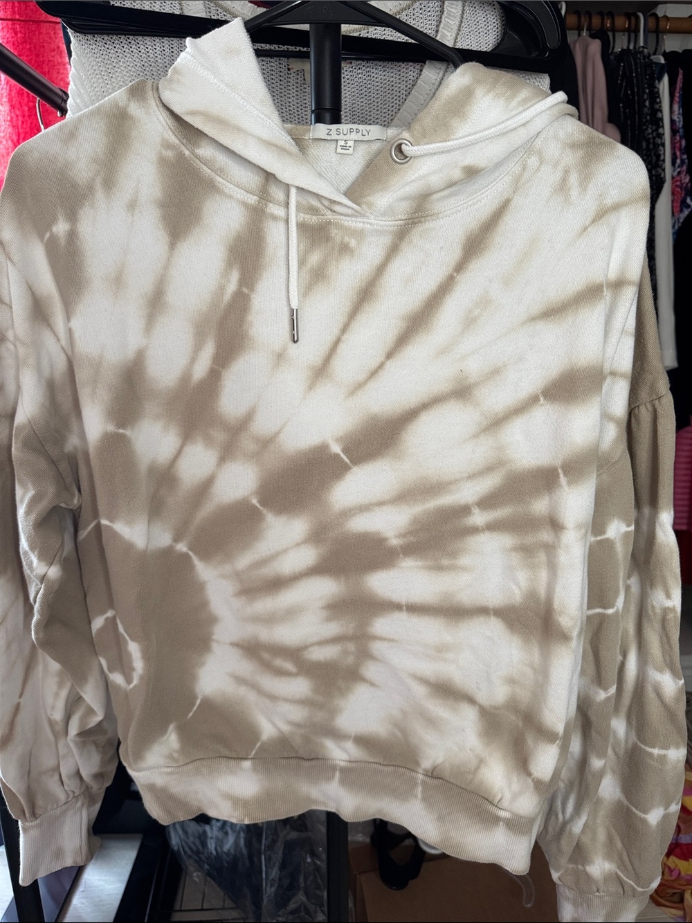 Z Supply Taupe and White Tie-Dye Hoodie Sweatshirt
